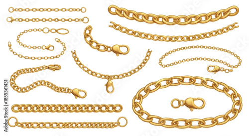 Elegant golden chain collection, meticulously crafted as a detailed flat 2D vector illustration with realistic metallic highlights, isolated on a pure white background for visual clarity.