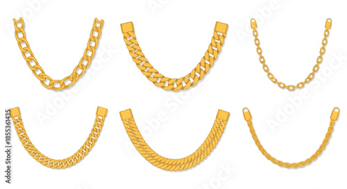 Luxury gold chains and necklaces set, rendered as a sophisticated 2D flat vector illustration featuring various precious metal jewelry pieces isolated cleanly on a white background.