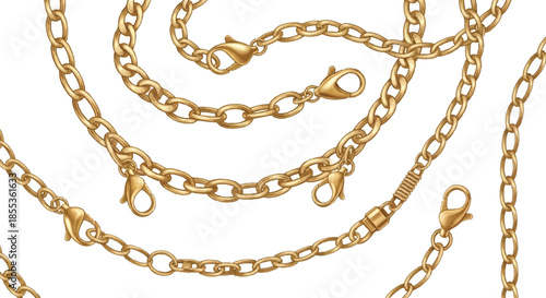 Shiny metallic gold chains featuring realistic clasps are presented as a detailed flat 2D isolated vector illustration on a clean white background.