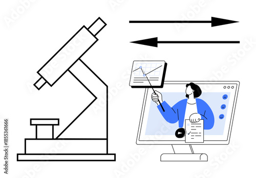 Science concept. Science with a microscope, arrows, and online learning scene. Science advancements, research, online education, data analysis, digital communication
