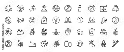 Sustainability line icon set. Vector pictograms of recycling, organic plants, solar energy, reusable bags, bamboo, and eco friendly packaging, thin outline illustration.