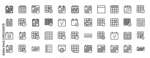 Calendar line icon set. Vector pictograms of schedule, monthly planner, appointment, reminder, deadline, clock, checkmark, gear, and recurring events, thin outline illustration.
