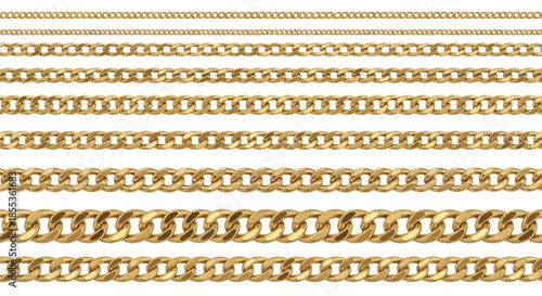 Luxurious set of realistic gold chains and delicate necklaces with varying thicknesses, presented in a clean flat 2D illustration style, isolated on a bright white background.