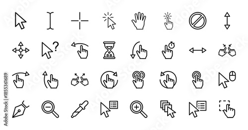 Computer interface and touch gesture line icon set. Vector pictograms of cursor, arrow, hand, hourglass, zoom, pipette, and scroll, thin outline illustration.