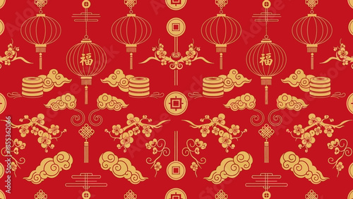 Vibrant red seamless pattern for Lunar New Year, adorned with golden lanterns, plum blossoms, traditional coins, and auspicious clouds, ideal for festive decor