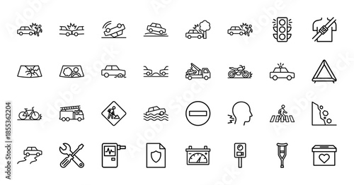 Car accident and road safety line icon set. Vector pictograms of collision, breakdown, towing, medical aid, traffic signal, and repair, thin outline illustration.