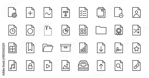 Document management line icon set. Vector pictograms of folder, paper, chart, sign, lock, search, cloud, settings, music, and image file, thin outline illustration.