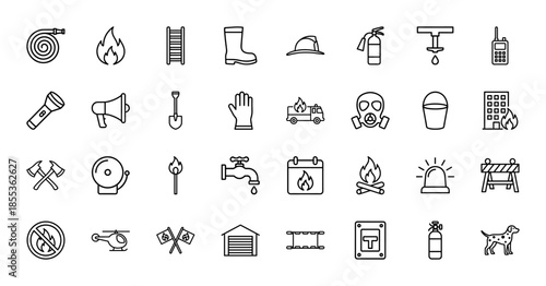 Firefighting and safety line icon set. Vector pictograms of helmet, extinguisher, truck, hose, alarm, axe, flame, ladder, mask, thin outline illustration.