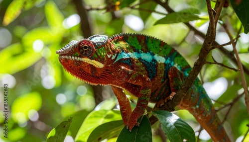 Vibrant Panther Chameleon slowly changes its skin to camouflage among the leaves.