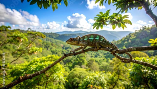 A Panther Chameleon resting on a branch, subtly blending into the green Madagascar forest.