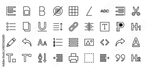 Text editing line icon set. Vector pictograms of font weight, alignment, lists, hyperlink, print, undo, redo, and paragraph formatting, thin outline illustration.