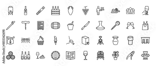 Wine production and tasting icon set. Vector pictograms of bottles, glasses, barrels, grapes, corkscrew, decanter, cellar, and vineyard, thin outline illustration.