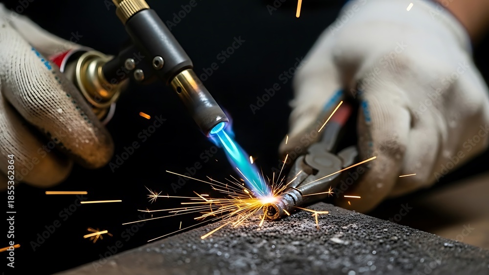 Naklejka premium Intense soldering process, precision joinery, worker in gloves using flame torch