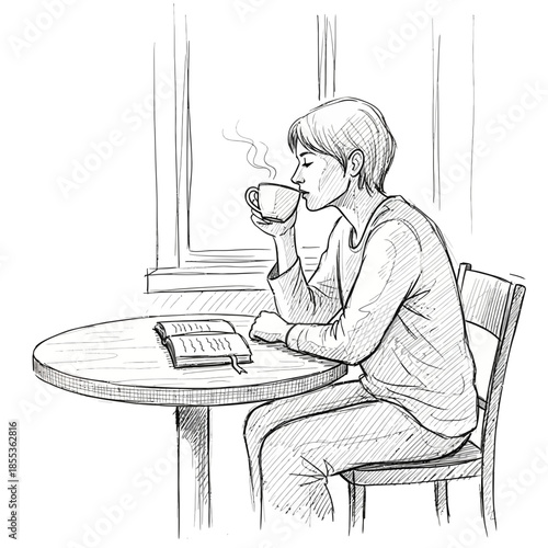 Person drinking coffee by the window with a book, sketch art.