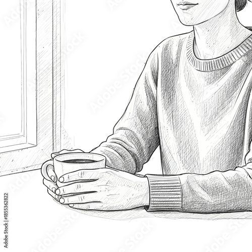 Person holding coffee cup, sketch style, cozy moment by the window