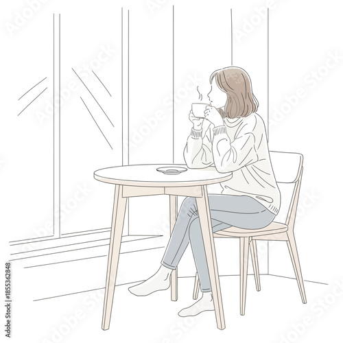 Woman drinking coffee beside window, calm moment, cozy cafe, minimalist illustration