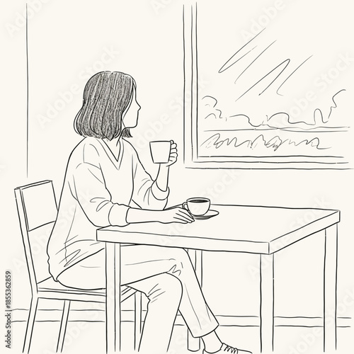 Woman drinking coffee by the window, contemplative mood, sketch style