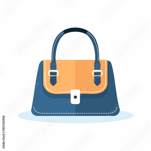 Stylish Blue and Orange Handbag with Top Handle and Flap Closure.