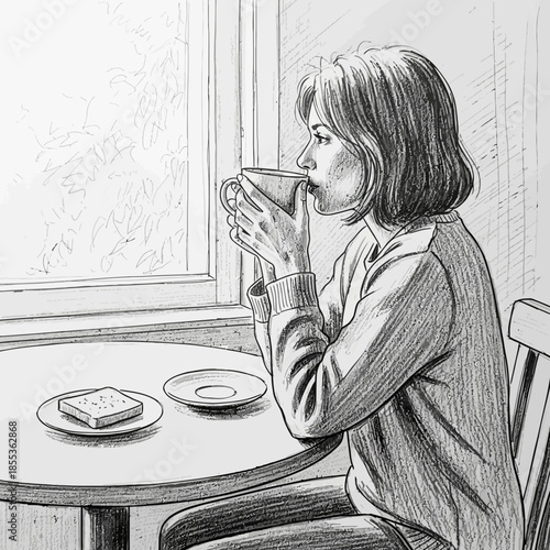 Woman drinking coffee by the window, sketch illustration