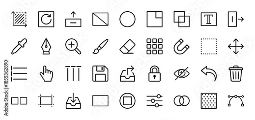 Graphic design and photo editing line icon set. Vector pictograms of pen tool, pipette, brush, layers, crop, zoom, and select tools, thin outline illustration.