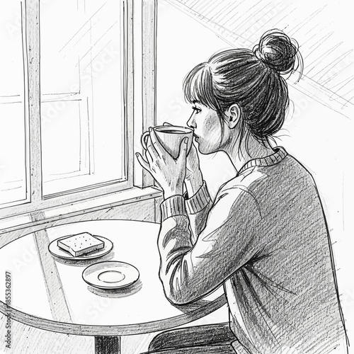 Woman drinking coffee by window, sketch art, cozy morning, contemplative mood