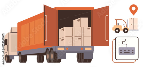 Cargo truck unloading packages, forklift carrying box, location marker, digital tracking tools. Ideal for logistics, shipping, cargo, delivery transportation supply chain warehouse themes. Simple