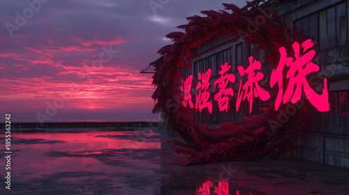 Heritage of Chinese script shines on light of stunning sunset reflecting on water creating captivating atmosphere