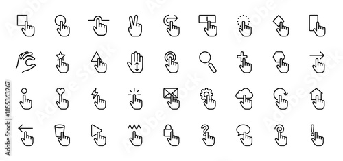 Interactive touch gestures icon set. Vector pictograms of clicking, swiping, zooming, scrolling, and tapping with geometric shapes, thin outline illustration.