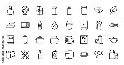 Household objects and recycling line icon set. Vector pictograms of iron, microwave, fan, battery, toaster, bottle, can, and vacuum cleaner, thin outline illustration.