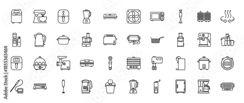 Kitchen appliance line icon set. Vector pictograms of blender, toaster, microwave, air fryer, coffee maker, kettle, mixer, and food processor, thin outline illustration.
