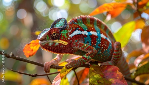 Striking Panther Chameleon with vibrant skin slowly blends into colorful fall foliage.