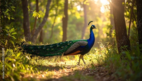 A peacock majestically strides through a sun-drenched, vibrant forest undergrowth setting.