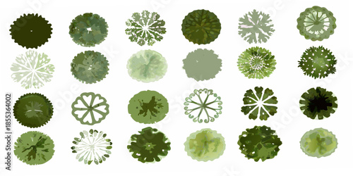 An arrangement of various green tree canopy top views in a grid pattern