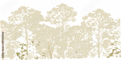 A serene landscape featuring silhouetted trees and delicate foreground foliage