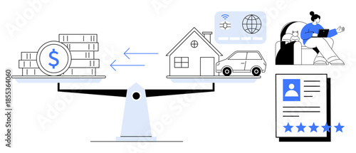 Money and assets on scales with arrows indicating exchange process. Includes house, car, profile rating, online service, and person with laptop. Ideal for finance, investment, digital economy