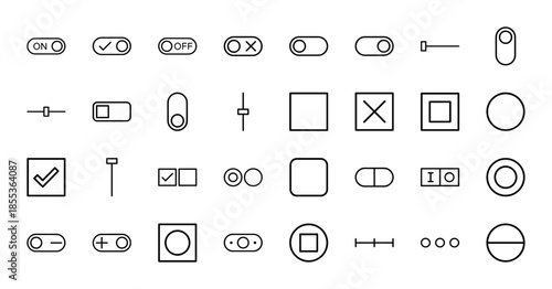 User interface toggle switch line icon set. Vector pictograms of sliders, checkboxes, radio buttons, on off controls, settings buttons, thin outline illustration.