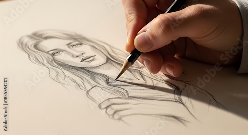 Drawing of a female portrait with pencil, artistic process portrayal