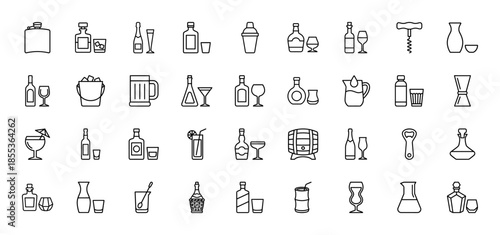 Alcohol and beverage line icon set. Vector pictograms of cocktail, wine, beer, whiskey, shaker, flask, bottle, glass, barrel, and corkscrew, thin outline illustration.