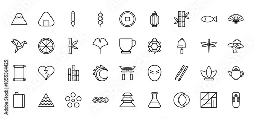Japanese culture line icon set. Vector pictograms of fuji mountain, sushi, bamboo, bonsai, tea, origami, temple, and fan, thin outline illustration.