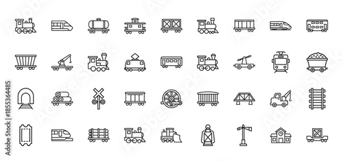 Train and railway line icon set. Vector pictograms of locomotive, carriage, cargo, tram, tunnel, track, station, ticket and bridge, thin outline illustration.