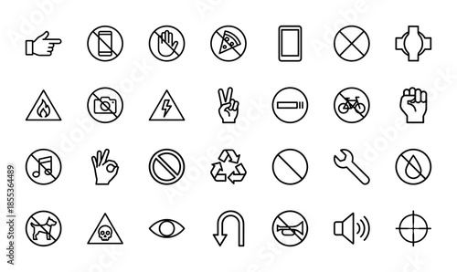 Universal public warning and safety line icon set. Vector pictograms of smartphone, fire, electricity, hand gesture, bicycle, skull, and wrench, thin outline illustration.