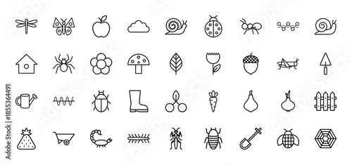 Garden and nature line icon set. Vector pictograms of dragonfly, butterfly, snail, ladybug, spider, ant, grasshopper, flower, mushroom, and gardening tools illustration.