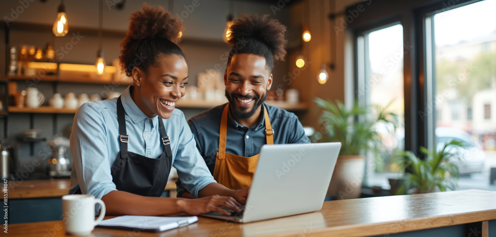 Fototapeta premium Smiling man and woman working together on laptop in cafe. They appear happy discussing project, planning business strategy, reviewing sales data. Coffee shop employees interact actively at counter.