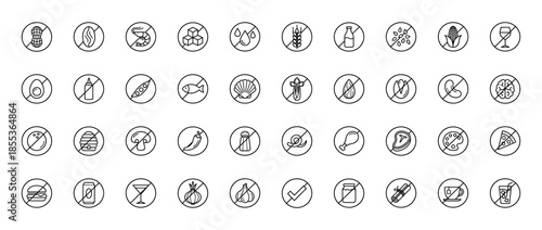 Food allergen and dietary restriction line icon set. Vector pictograms of peanut, milk, gluten, egg, sugar, alcohol, meat and nuts, thin outline illustration.