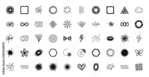 Abstract scribble line icon set. Vector pictograms of chaotic tangles, geometric shapes, spiral swirls, messy knots, and wavy doodles, black hand drawn illustration.