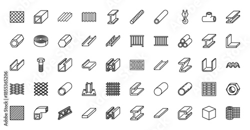 Industrial steel products and metal construction icon set. Vector pictograms of beams, pipes, rebar, sheets, bolts, nuts, and girders, thin black outline illustration.