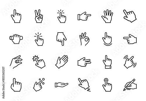 Hand gestures line icon set. Vector pictograms of pointing, clicking, scrolling, swiping, waving, pinching, holding, and writing, black outline illustration.