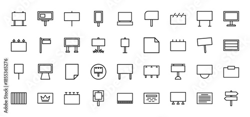 Billboard line icon set. Vector pictograms of outdoor advertising, street signage, notice boards, placards, poster stands, and city lights, thin outline illustration.