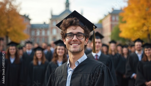 Young man smiles happily wearing graduation cap, gown. Diverse students stand behind on campus with autumnal trees. Photo represents academic success, educational achievement. Graduation day