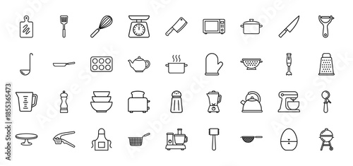 Kitchenware line icon set. Vector pictograms of a blender, toaster, knife, pot, whisk, kettle, scale, and microwave, thin black outline illustration.